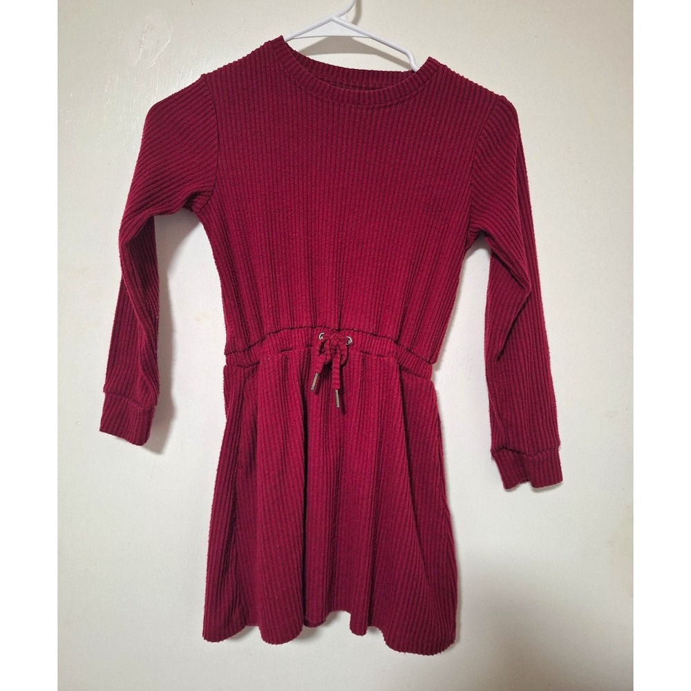 FREELY Girls Small 7/8 Ribbed Long Sleeve Drawstring Sweater Dress Burgundy